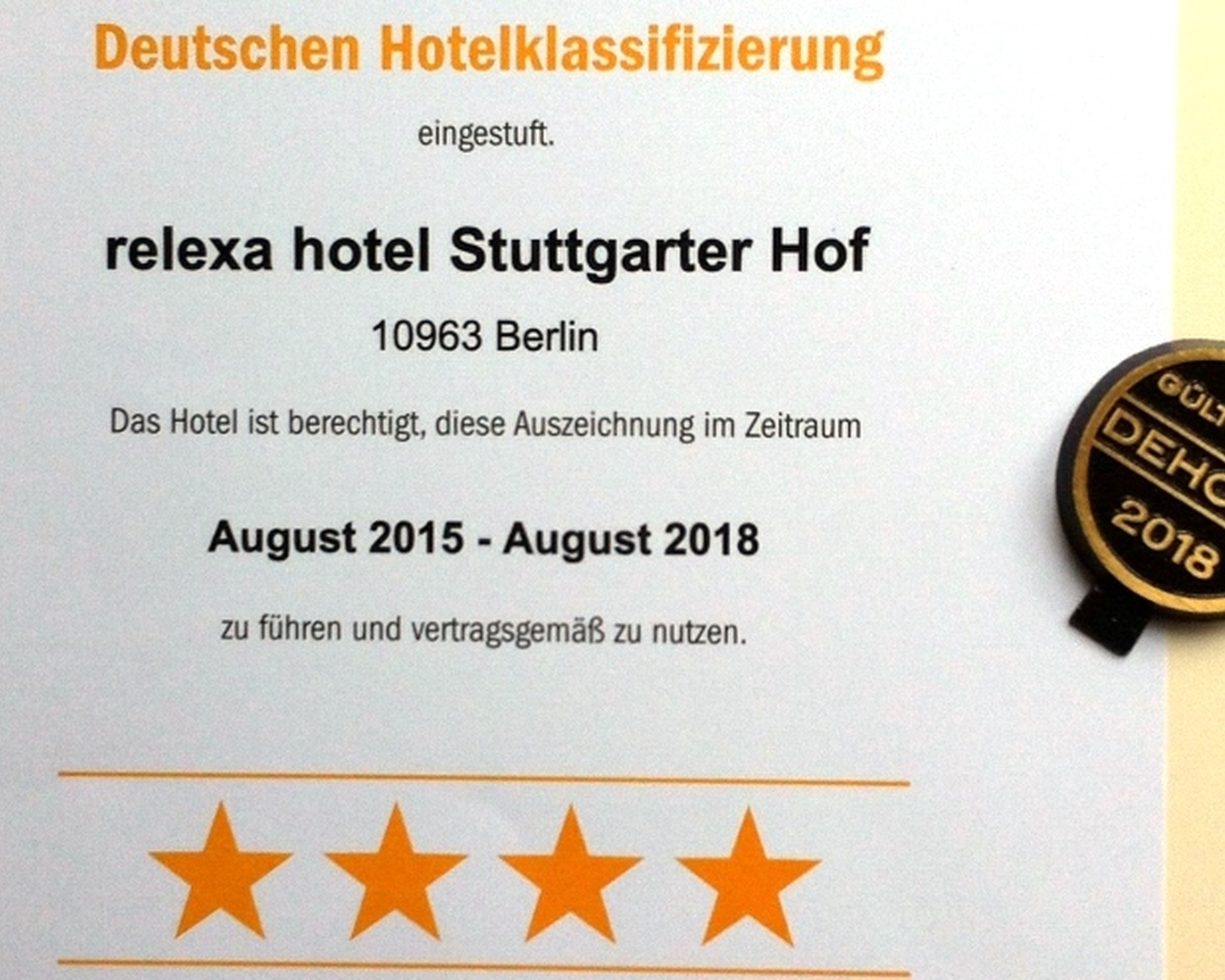 DEHOGA Zertifizierungsurkunde 4 Sterne 2015 DEHOGA Zertifizierungsurkunde 4 Sterne 2015